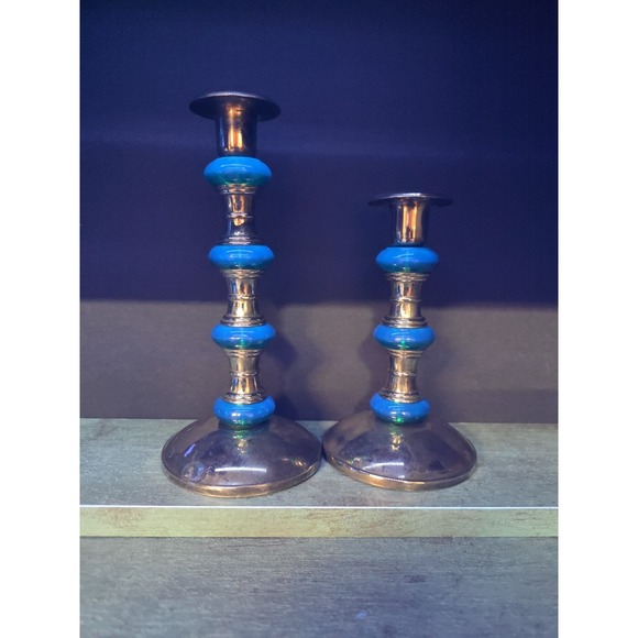 Mercury Row Other - Pair of VTG Mercury Glass Candlesticks with Green Glass Accents - Glows Blue
